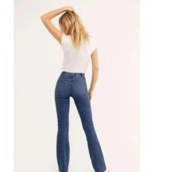 Free People NWT Eva Lace Up Bootcut Mid Rise Denim Jeans Baltic Blue 28 New - Picture 2 of 9